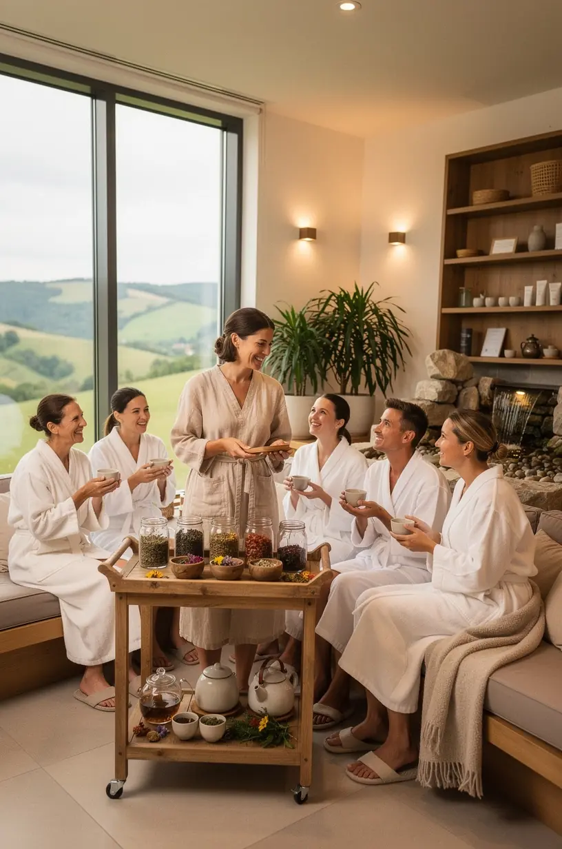 Kéz, amely egészséges teafüvet önt egy átlátszó bögrébe, miközben szünetet tartanak.