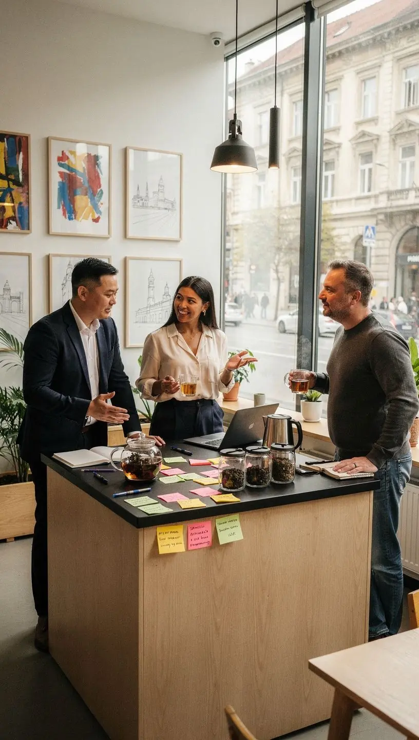 Modern konyhaasztal teáscsészékkel és frissítő gyümölcsökkel, pihenőidő aktív napokra.