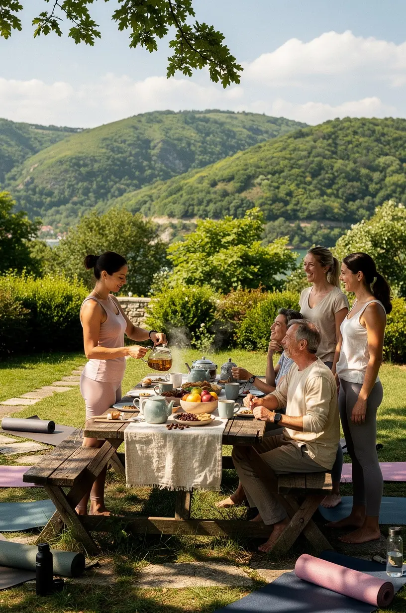 Lassított mozgású személy, aki teát kortyol egy kényelmes székben, miközben nyújtózkodik.