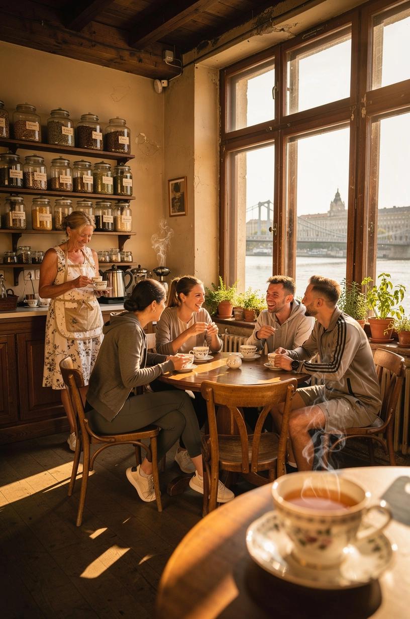 Egy nyugodt tea szünet, amely alatt egy személy pihen és készül egy aktív mozgásra, miközben a környezet barátságos és ösztönző a mindennapi rutin kialakításához.